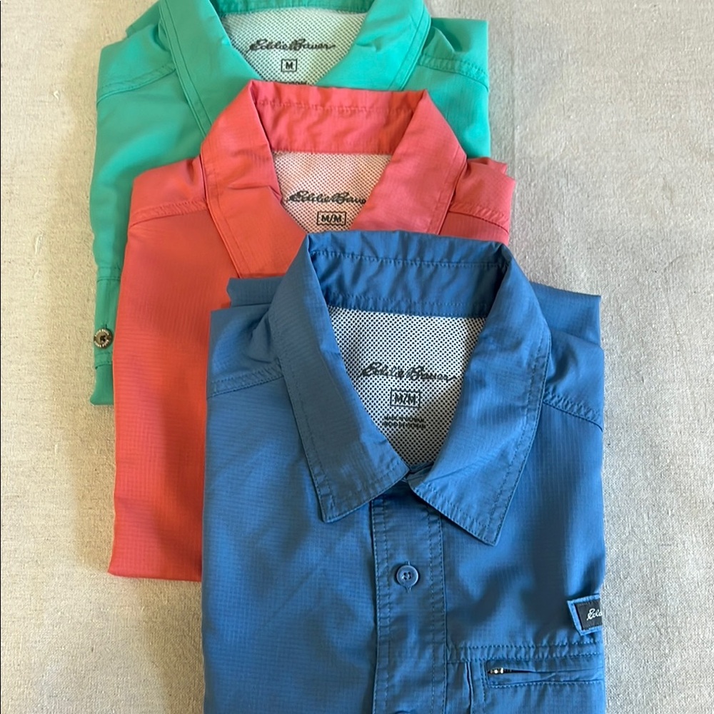 3 Pk Eddie Bauer Casual Button Down Shirts Blue, Salmon, and Mint Fishing Shirt